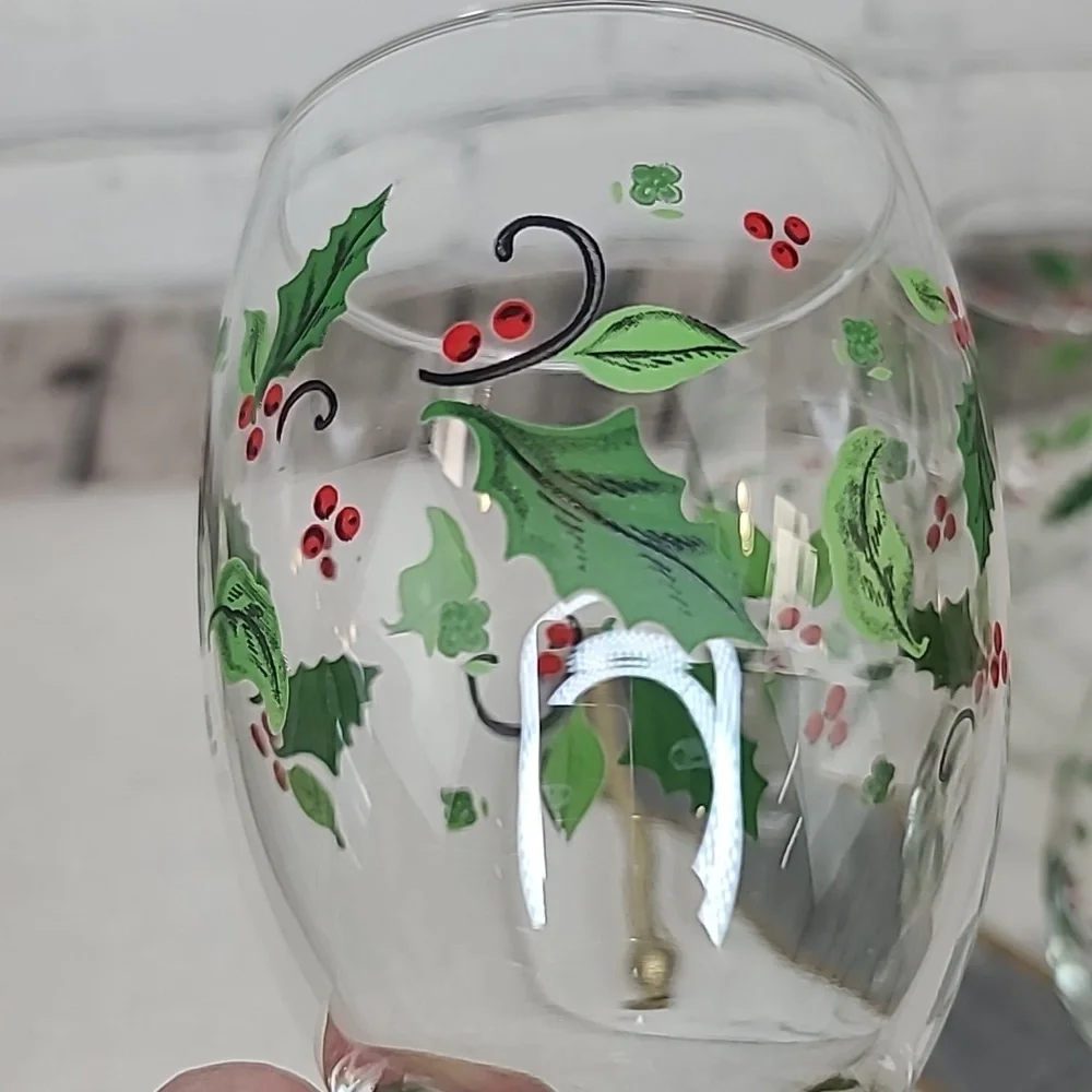 Libbey Vintage Holiday Holly Iced Tea Glass/Goblets Set of 4 (Four) Green/Red